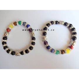 Black Obsidian with Seven Chakra Plane Beads Bracelets with Face of Buddha