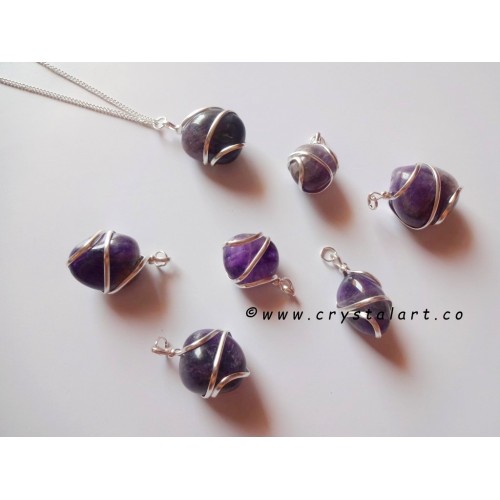 Amethyst Wire Wrapped Tumbled Pebble Pendant Stone