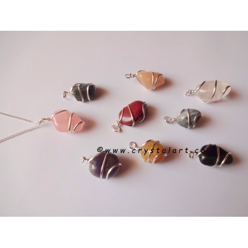 Mix Gemstone Wire Wrapped Tumbled Pebble Pendant Stone