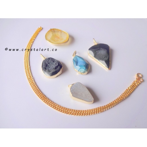 Mix Gemstone Natural Stones Druzy Pendants with Golden Plated Chain