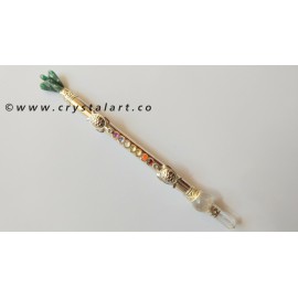 Crystal Quartz Brass Metal with Green Aventurine Angel Chakra Healing Stick