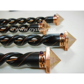 Crystal Quartz Engraved Pyramid Spiral Wooden Healing Wand In Copper