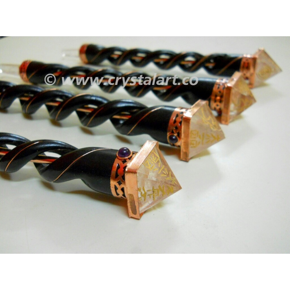 Crystal Quartz Engraved Pyramid Spiral Wooden Healing Wand In Copper