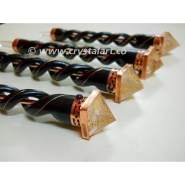 Crystal Quartz Engraved Pyramid Spiral Wooden Healing Wand In Copper