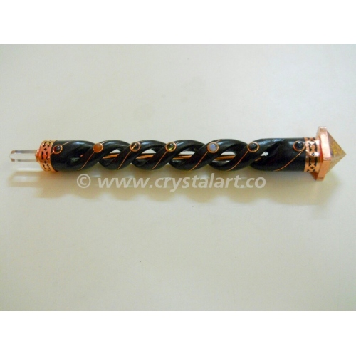 Crystal Quartz Engraved Pyramid Spiral Chakra Wooden Healing Wand In Copper