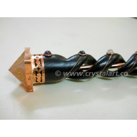 Crystal Quartz Engraved Pyramid Spiral Chakra Wooden Healing Wand In Copper