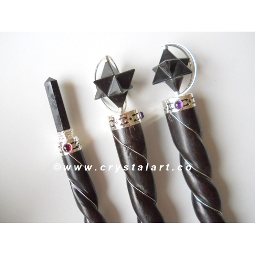 Black Tourmaline Point Spinning Merkaba Twisted Wooden Healing Wand