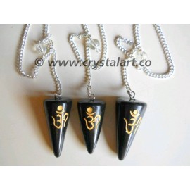 Black Agate TearDrop OM Symbol Engraved Pendulum