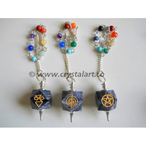 Blue Aventurine Reiki Engraved Hexagonal Pendulum With Chakra Chain