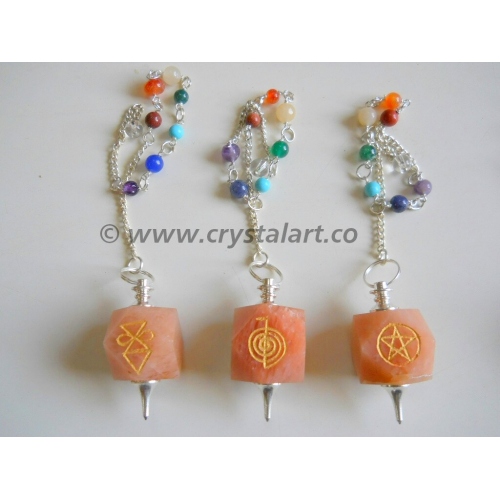 Orange Aventurine Reiki Engraved Hexagonal Pendulum With Chakra Chain