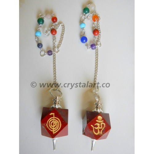 Red Jasper Reiki Engraved Hexagonal Pendulum With Chakra Chain