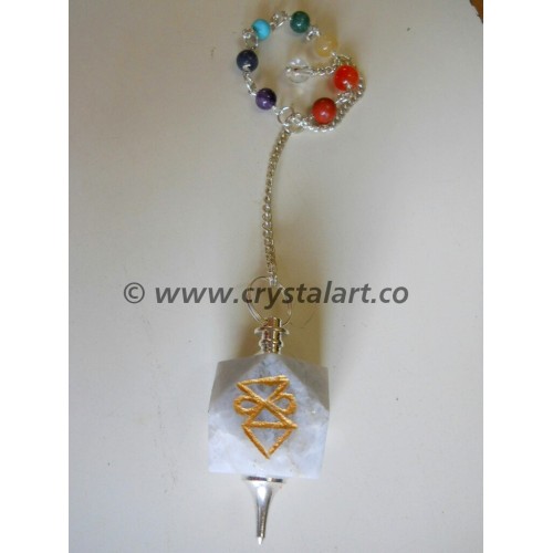 Rainbow Moonstone Engraved Hexagonal Pendulum With Chakra Chain