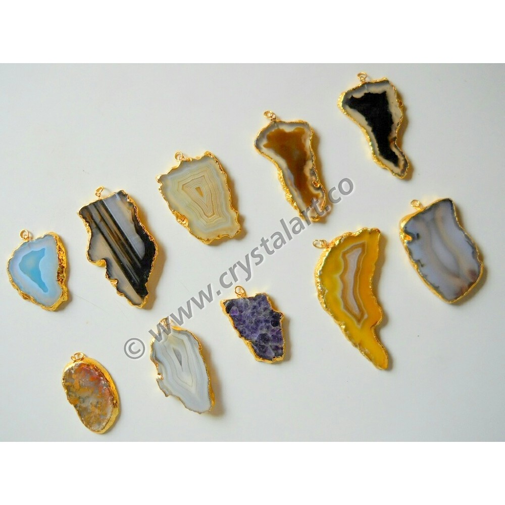 Assorted Natural Banded Agate Electroplated Slices Pendants for Wholesale