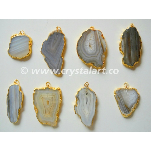 Mix Banded Agate Natural Design Electroplated Slices Pendants
